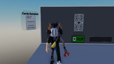 Roblox Card Flipping Incremental Avatar Wearing Silver Helmet Standing Before A Green Button To Flip A Card