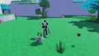 Roblox Catch All Pets Avatar Wearing Silver Helmet And Claw Arm Standing Near A Green Pet Called A Glimm