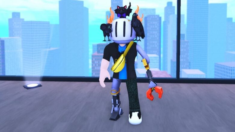 Roblox Chained Hide Seek Avatar Wearing Silver Helmet And Claw Arm Standing Near Windows Over Looking City