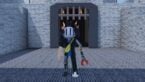 Roblox Clash Royale But Roblox Avatar Wearing Silver Helmet And Claw Arm And Metal Leg Standing On Grey Brick Floor Near A Castle Gate
