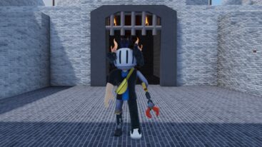 Roblox Clash Royale But Roblox Avatar Wearing Silver Helmet And Claw Arm And Metal Leg Standing On Grey Brick Floor Near A Castle Gate