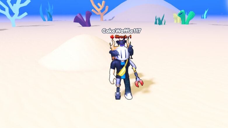 Roblox Climb And Dive For Cash Avatar Wearing Silver Helmet And Metal Claw Arm Standing On Sand Underwater