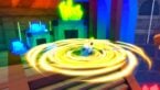 Roblox Dungeon Heroes Avatar Wearing Silver Helmet Spinning In Circle Creating A Yellow Vortex Near Blue Green Crystals