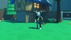 Roblox Dungeons Incremental 2 Avatar Wearing Silver Helmet And Claw Arm Standing Outside Village Hut
