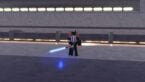 Roblox Force Battlegrounds Avatar Wearing Silver Helmet Holding A Blue Lightsaber In Right Hand