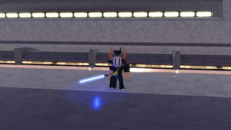 Roblox Force Battlegrounds Avatar Wearing Silver Helmet Holding A Blue Lightsaber In Right Hand