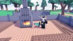 Roblox Forge Master Avatar Wearing Silver Helmet Holding Diamond Sword Near A Burning Forge