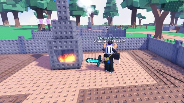 Roblox Forge Master Avatar Wearing Silver Helmet Holding Diamond Sword Near A Burning Forge