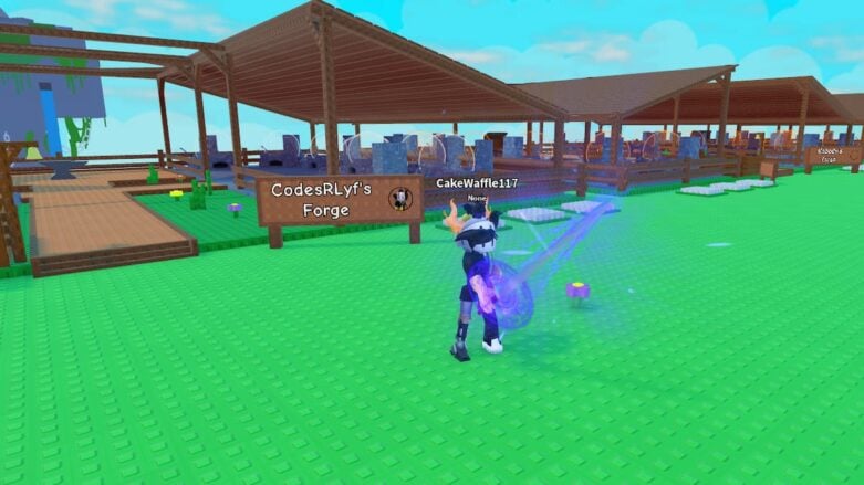 Roblox Forge A Weapon Avatar Wearing Silver Helmet Holding Blue Longsword In Hand