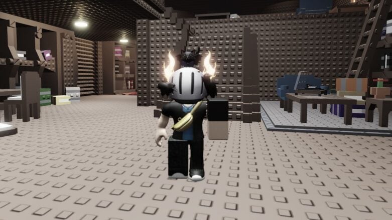 Roblox Forgotten Avatar Wearing Silver Helmet Standing In Brown Room With Chairs Stairs And More