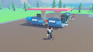 Roblox Gas Station Simulator A Roblox Character With A White Helmet Gold Horns A Banana Bag And A Red Claw Arm Stands In Front Of A Gas Station With Two Blue Vans Parked At The Pumps