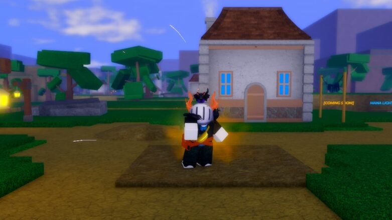 Roblox Grimoires Legacy Avatar Wearing Silver Helmet Posing In Front Of Small House With Blue Windows