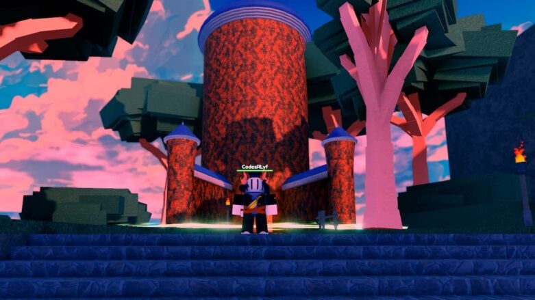 Roblox Grimoires Reborn Avatar Wearing Silver Helmet Standing Before Rusty Looking Tower Near Steps And Trees