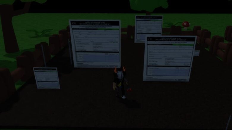 Roblox Grow A Job Application Avatar Wearing Silver Helmet Standing Near Giant Job Applications Growing From Soil In The Dark