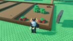 Roblox Grow A Unit Tower Defense Avatar Wearing Silver Helmet Standing Before Soil With Different Plants Growing