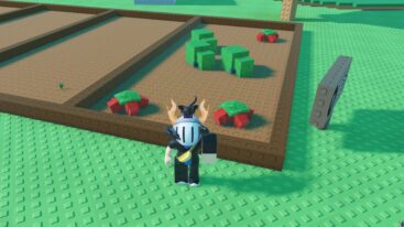 Roblox Grow A Unit Tower Defense Avatar Wearing Silver Helmet Standing Before Soil With Different Plants Growing