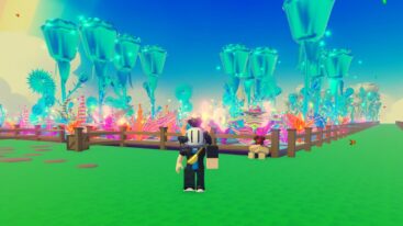 Roblox Happy Bloom Avatar Wearing Silver Helmet With Massive Left Arm Standing Before Flowers Made From Diamond