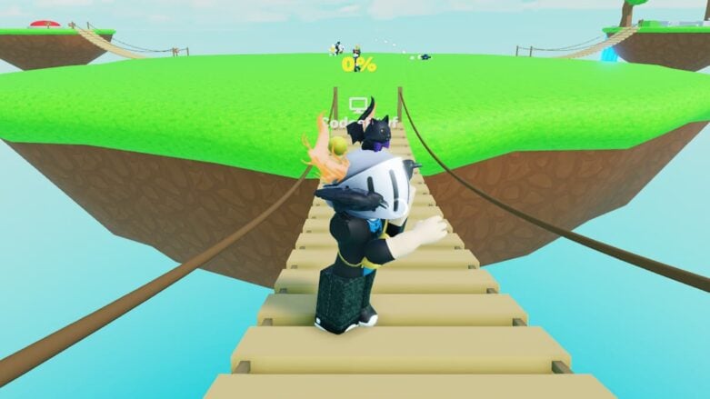 Roblox Knockback Battles Avatar Swinging His Fists On A Rope Bridge As Carnage Occurs Behind On A Small Island