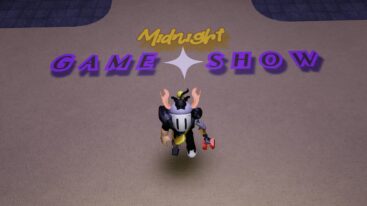 Roblox Midnight Game Show Avatar Wearing Silver Helmet And Metal Claw Stanidng Just In Front Of Midnight Game Show Logo On Floor