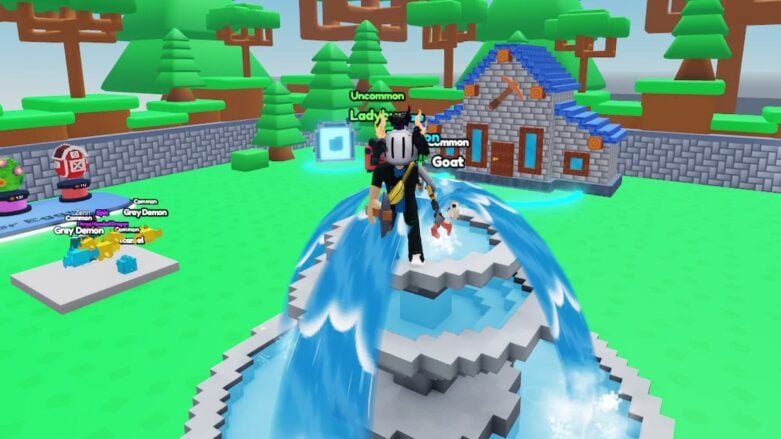 Roblox Mining Clicker Reborn Avatar Wearing Silver Helmet Standing On Top Of A Water Fountain With A Blue Roofed House In Background
