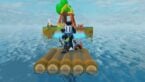 Roblox My Dream Island Avatar Wearing Silver Helmet Sitting On Wooden Log Raft In The Ocena With Small Island Behind