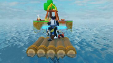 Roblox My Dream Island Avatar Wearing Silver Helmet Sitting On Wooden Log Raft In The Ocena With Small Island Behind