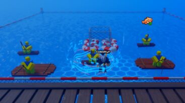 Roblox My Fishing Party Avatar Wearing Silver Helmet Standing On Water Near Fisherman On Rafts And Cages