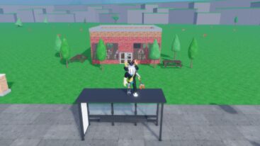 Roblox My School Avatar Wearing Silver Helmet And Claw Arm Standing On Bus Shelter With Brick School Behind