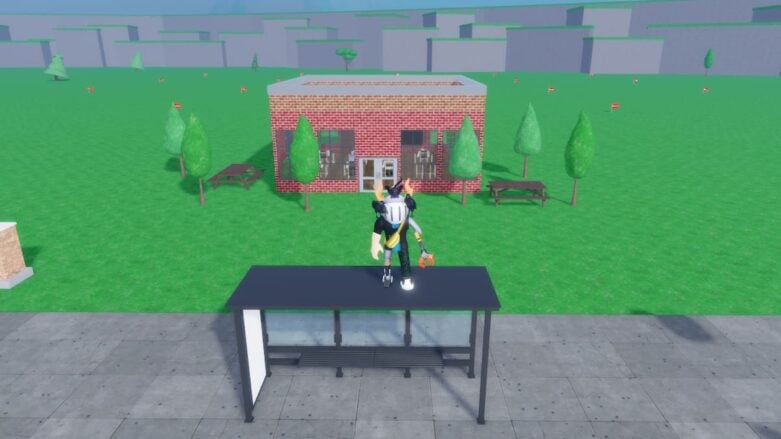 Roblox My School Avatar Wearing Silver Helmet And Claw Arm Standing On Bus Shelter With Brick School Behind