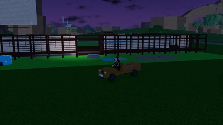 Roblox Oakland Tycoon Avatar Wearing Silver Helmet Driving Rusty Jeep Outside Home Being Constructed
