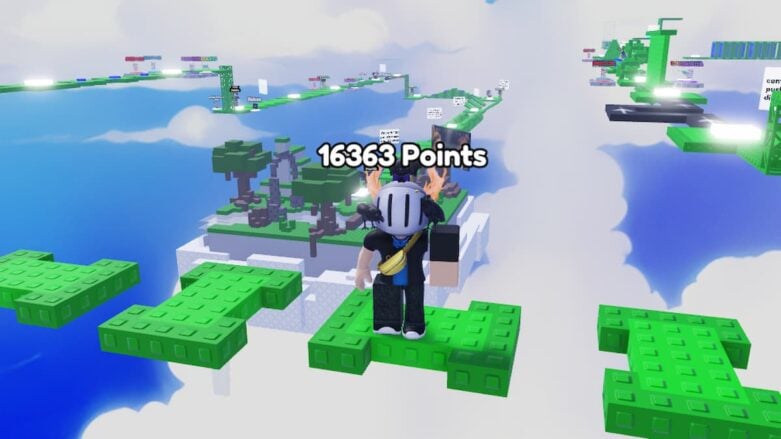 Roblox Obby For Free Ugc Items Avatar Wearing Silver Helmet Standing On Floating Green Platform Overlooking Island Behind