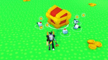 Roblox Pet Simulator X Overhauled Avatar Wearing Silver Helmet And Claw Arm Standing Beside Huge Red Gold Chest And Four Pets Attack It