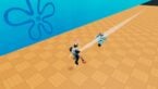 Roblox Prison Race 2 Avatar Wearing Silver Helmet And Claw Arm Being Chased Down Orange Road By Police Person Wearing Blue