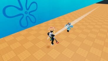 Roblox Prison Race 2 Avatar Wearing Silver Helmet And Claw Arm Being Chased Down Orange Road By Police Person Wearing Blue