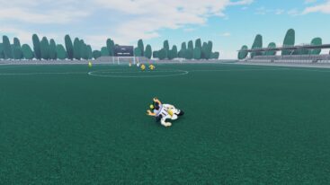 Roblox Pure Soccer Avatar Wearing Silver Helmet Sliding On Ground On Dark Green Pitch