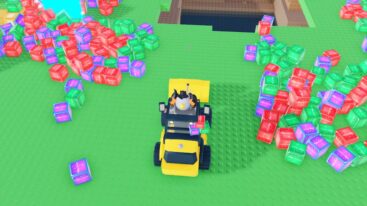 Roblox Push A Block Avatar Wearing Silver Helmet Driving Yellow Vehicle With Different Colored Blocks Surrounding
