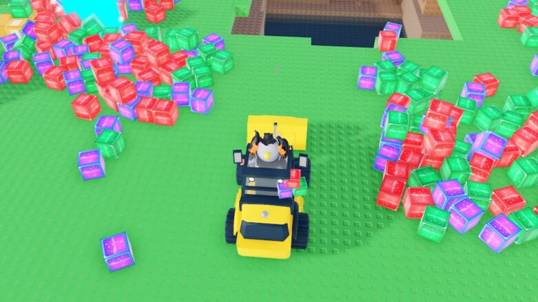 Roblox Push A Block Avatar Wearing Silver Helmet Driving Yellow Vehicle With Different Colored Blocks Surrounding