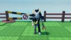 Roblox Rank Grinding Incremental Avatar Wearing Silver Helmet And Claw Arm Standing Near No Entry Barricade