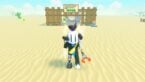 Roblox Sell Junk Avatar Wearing Silver Helmet And Claw Arm Standing On Sand Before Fence