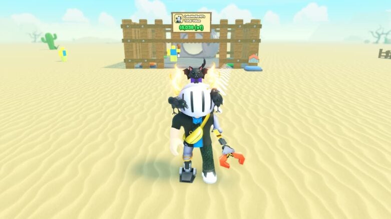 Roblox Sell Junk Avatar Wearing Silver Helmet And Claw Arm Standing On Sand Before Fence