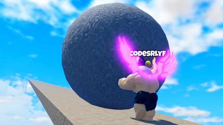 Roblox Sisyphus Muscle Push Buff Avatar Wearing Silver Helmet And Pink Wings Pushing Massive Grey Boulder Up Cliff