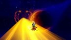 Roblox Spaceshiptraining Avatar Wearing Silver Helmet Riding Red Spaceship Down Yellow Light Bridge In Space With Giant Red Planet In Background