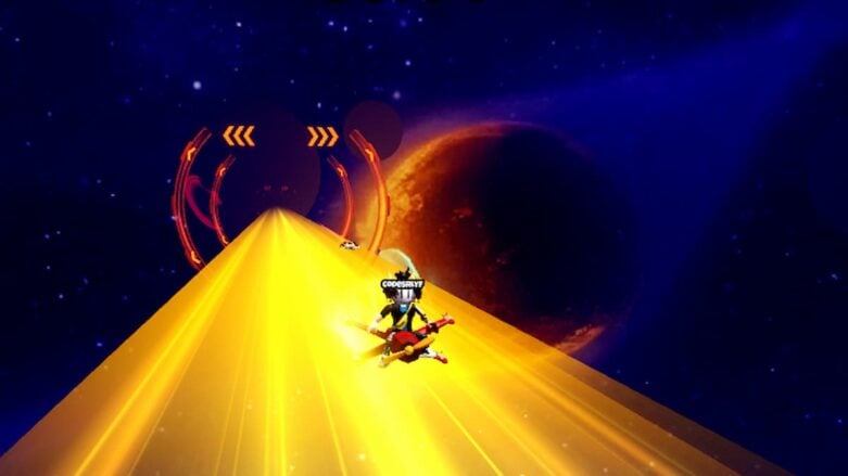 Roblox Spaceshiptraining Avatar Wearing Silver Helmet Riding Red Spaceship Down Yellow Light Bridge In Space With Giant Red Planet In Background