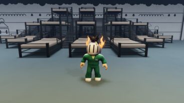 Roblox Squid Game The Final Games Avatar Wearing Silver Helmet And Green Suit Standing Before Tons Of Beds