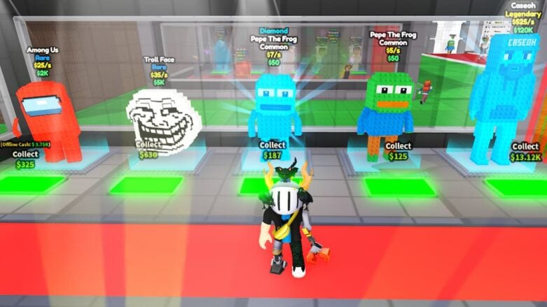 Roblox Steal A Meme Avatar Wearing Silver Helmet And Claw Arm Standing Before Memes Making Money