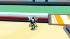 Roblox Surfing Training Race Avatar Wearing Silver Helmet And Claw Arm Standing On Stand With Surf Board On Back