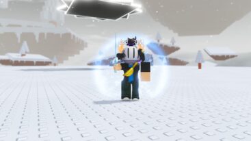 Roblox Sword Randomizer Avatar Wearing Silver Helmet Holding Frost Sword On Snow While Encased In Blue Bubble