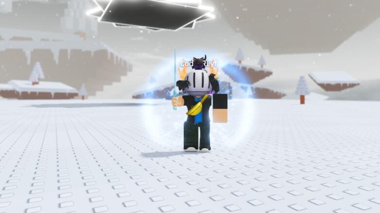 Roblox Sword Randomizer Avatar Wearing Silver Helmet Holding Frost Sword On Snow While Encased In Blue Bubble