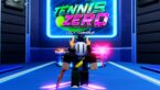 Roblox Tennis Zero Avatar Wearing Silver Helmet And Holding Red Tennis Racket Standing Near Tennis Zero Sign