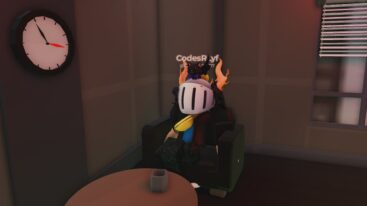 Roblox The Office Avatar Wearing Silver Helmet Sitting In Green Armchair With A Mug On A Table And A Clock On The Wall